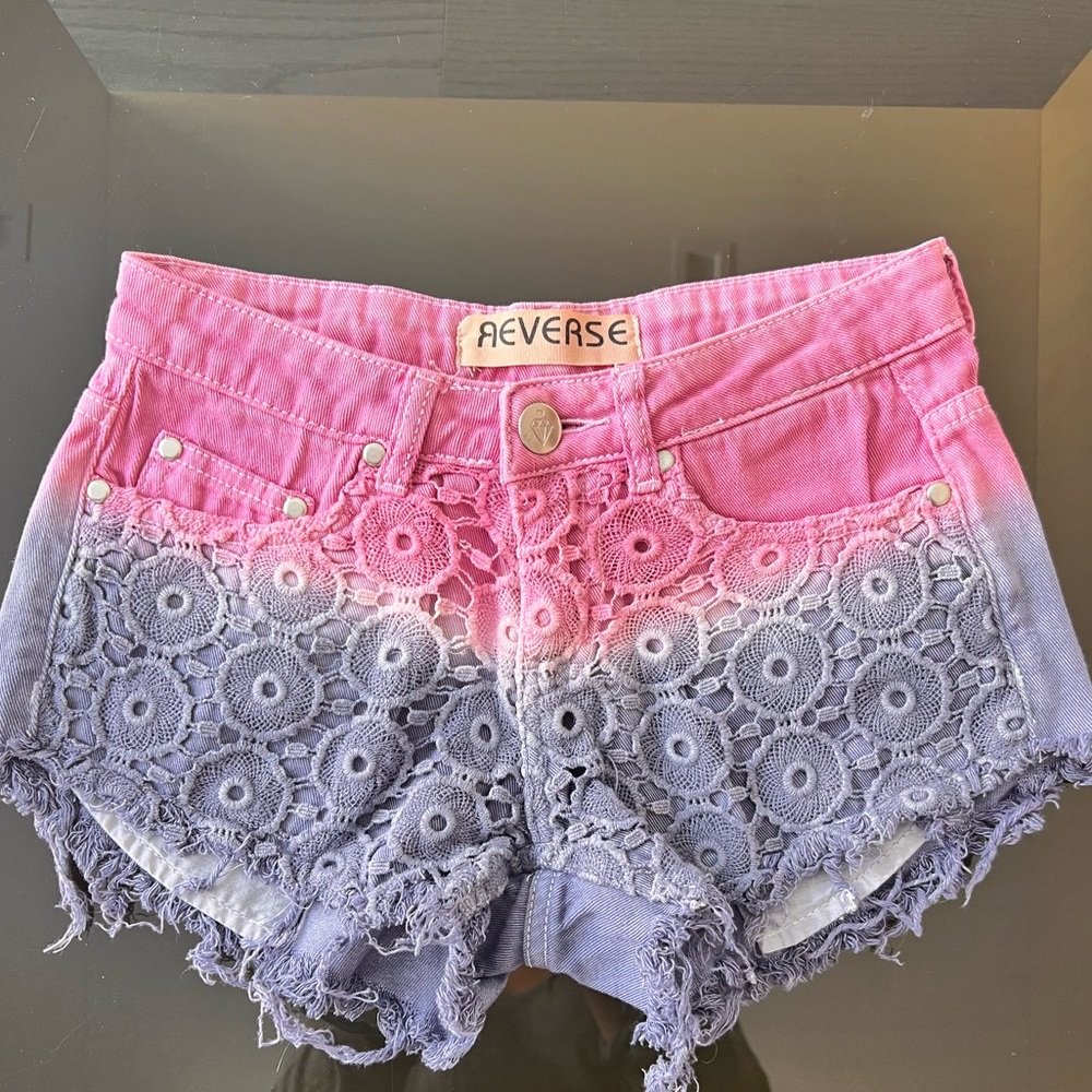 Reverse Pink and Purple Jean Shorts with Lace Detail